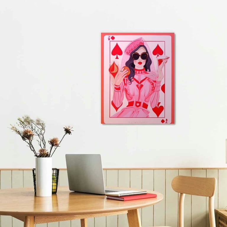 Queen Of Hearts Playing Card Funky Wall Art Print - Vibrant Orange And Pink (A3