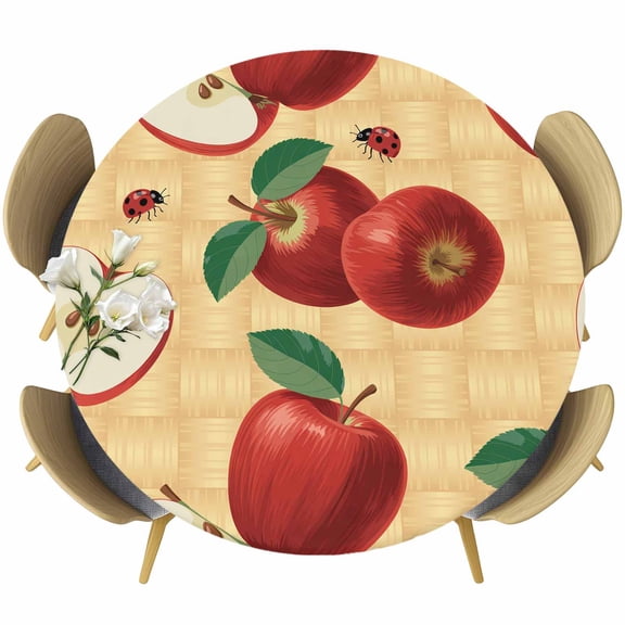 Red Apples Round Fitted Tablecloth with Elastic Edge, Country Fruits Ladybug Farmhouses Plaid Stretch Table Covers for 55"-60" Tables Wipeable Table Cloth for Outdoor