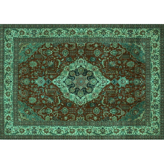 Ahgly Company Machine Washable Indoor Rectangle Medallion Turquoise Blue Traditional Area Rugs, 3' x 5'