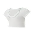 thumbnail image 4 of Women Short Sleeve T-Shirt V Neck Ribbed Knit Crop Top Contrast Color Slim Fitted Casual Basic Tee Top, 4 of 6