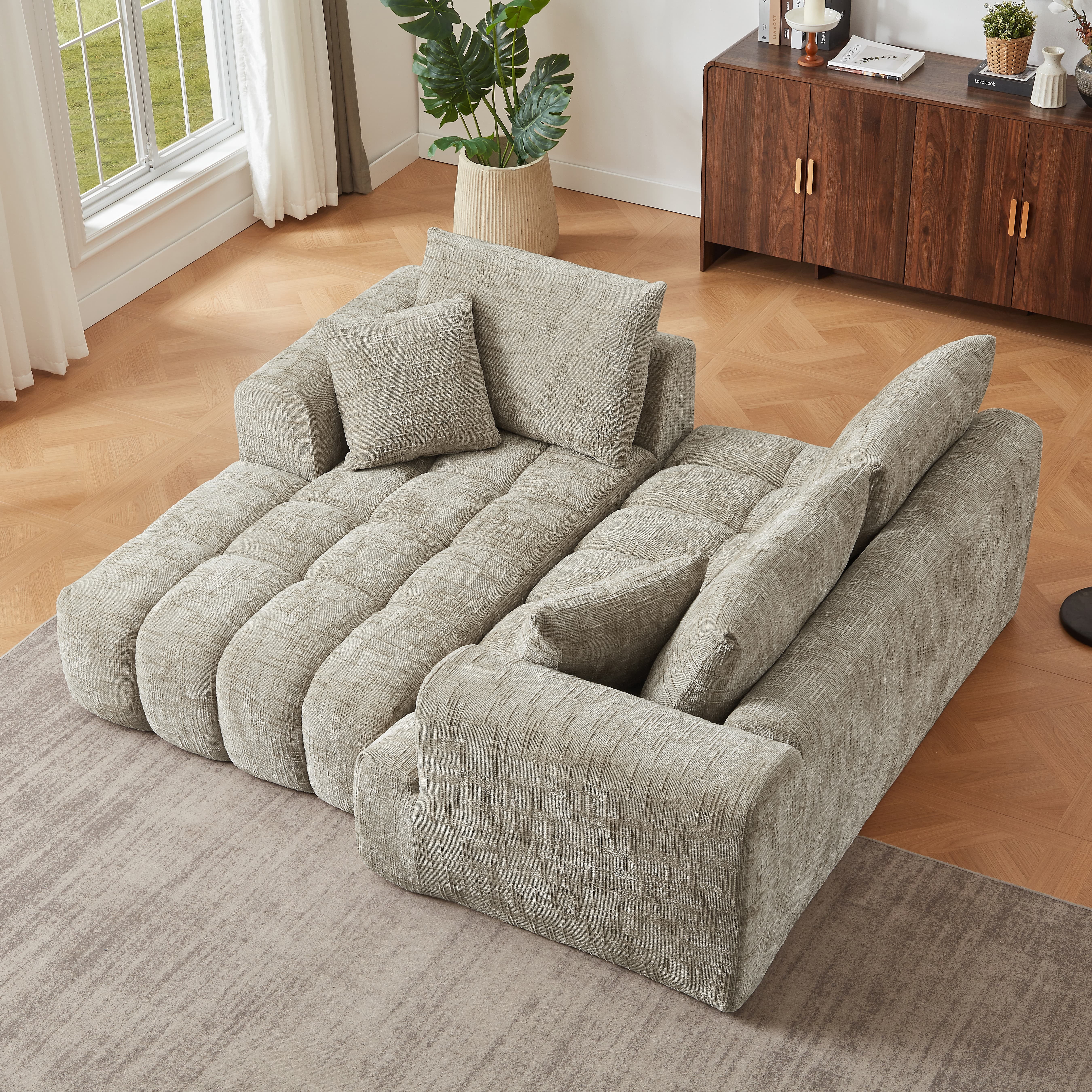 MAYEERTY 108.3" Khaki Chenille L-Shaped Modular Sectional Sofa, Pocket Spring No Assembly Couch for Living Room Apartment