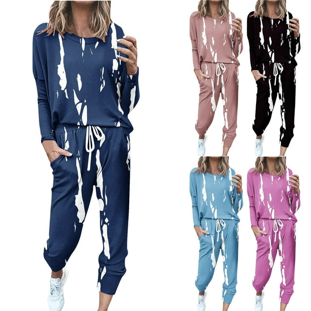 CFLVAEK Ensembles Deux Pièces Femmes Grande Taille Chandails à Manches Longues à Col Ras du Cou Ensembles de Survêtements Pantalons Jogger à Cordon Mode Imprimé Survêtements avec Poches Bleu Ciel P