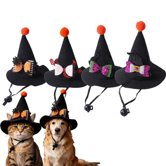 Qocolcyl Pet Mini Witch Hat for Cats Small Dogs, Glitter Bow Pom Pointed Witch Costume Hat, Adjustable Elastic Strap Halloween Decorations Pet Party Photo Prop Holiday Accessory Gift