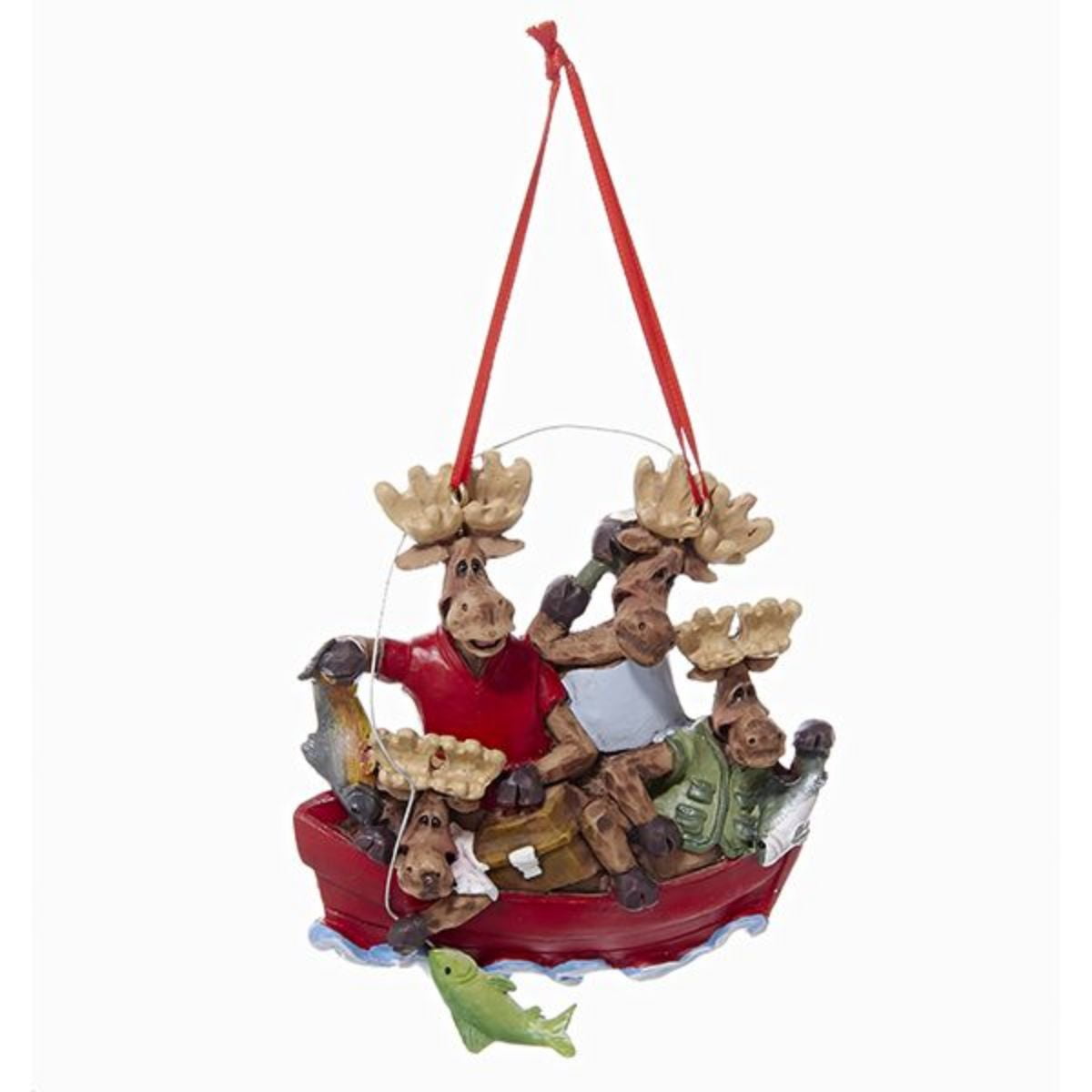 12 Moose Family of 4 in Fishing Boat Christmas Ornaments