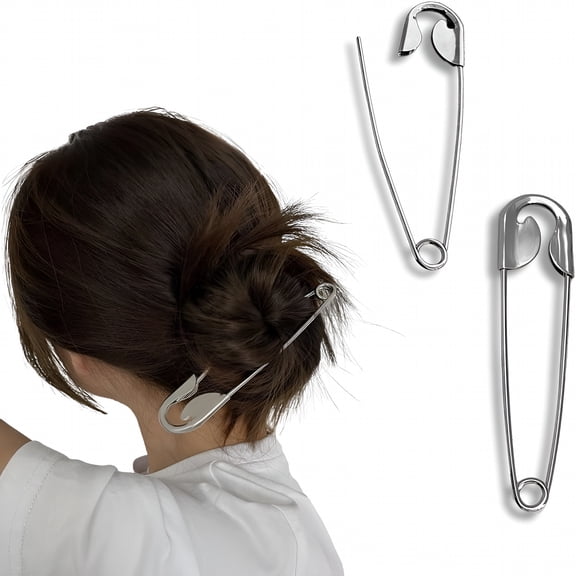 TUWAFE 2-Pack Silver Metal Hair Pins, Funny Safety Pin Shape Hair Stick, Vintage French Style Clips for Updos, Buns, Thick Hair