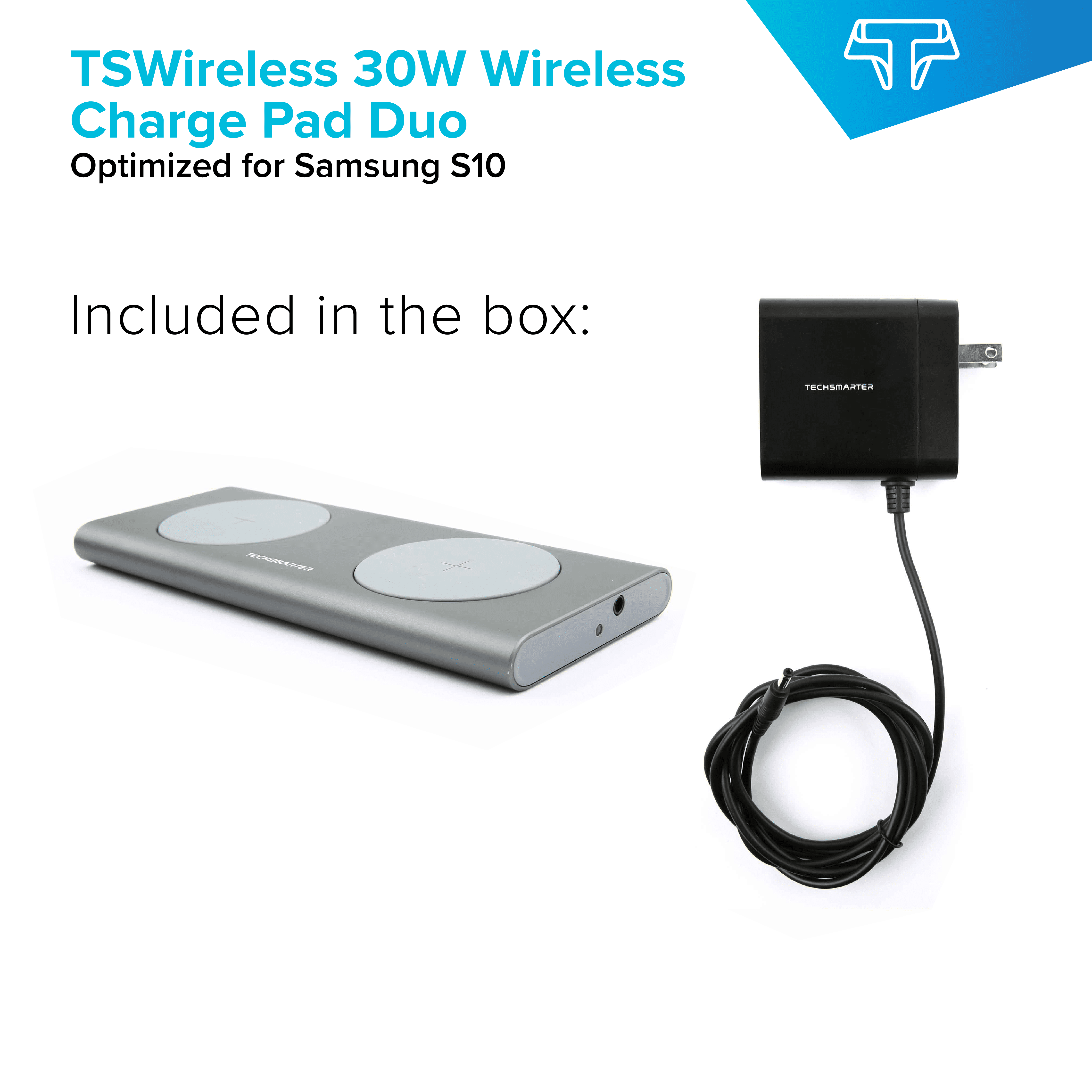 Techsmarter 15W (30W Total) Dual Wireless Charger, Fast Charging Pad. Compatible with iPhone 13, 12, 11, XS, X, XR, 8, Samsung S21, S20, S10, S9, S8, Note, LG ThinQ