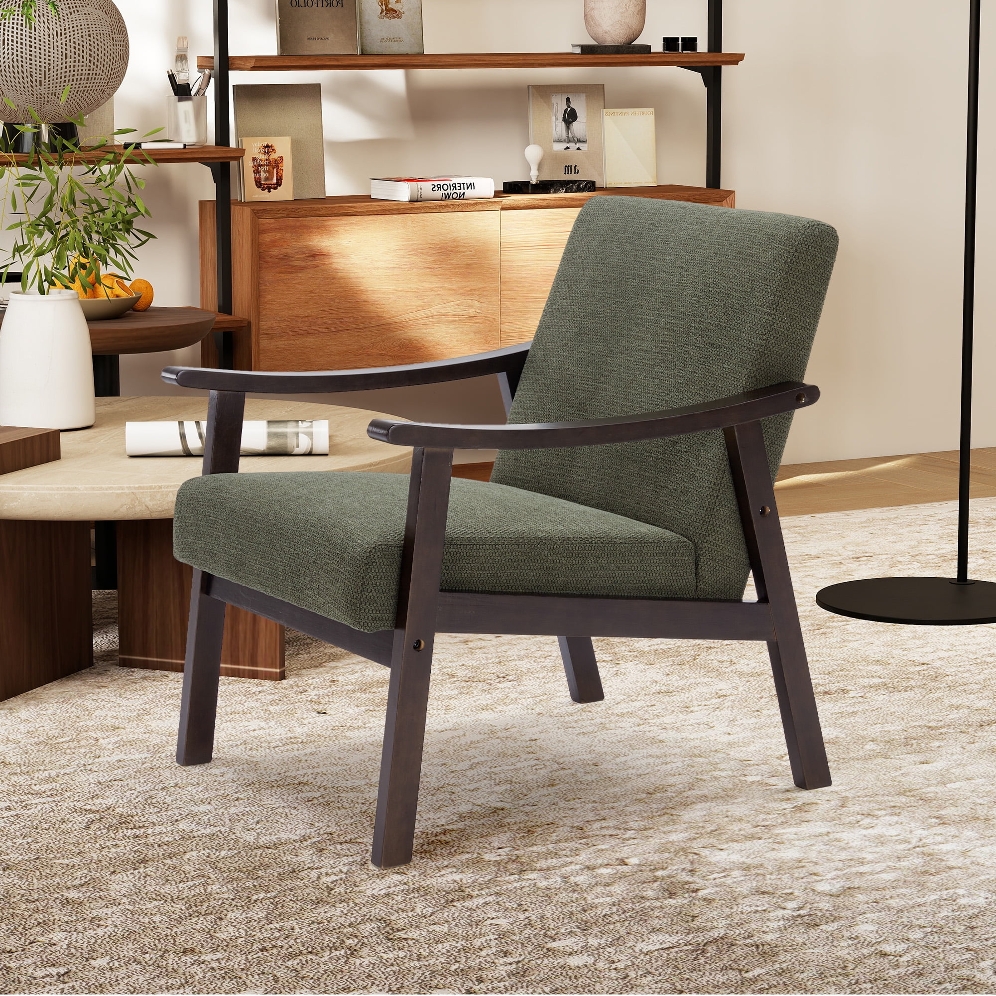 MOONMISS Accent Chair, Upholstered Comfy Single Sofa with Wood Feet, Mid Century Armchair for Bedroom, Living Room, Modern Comfy Reading Chair,Green