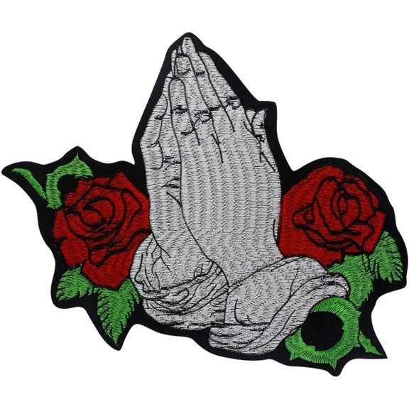 1 piece Pious Hands Patches Rose Patch Embroidered Applique Iron on Patches for Motorcycle Jacket for Biker Backpack Vest Decorated