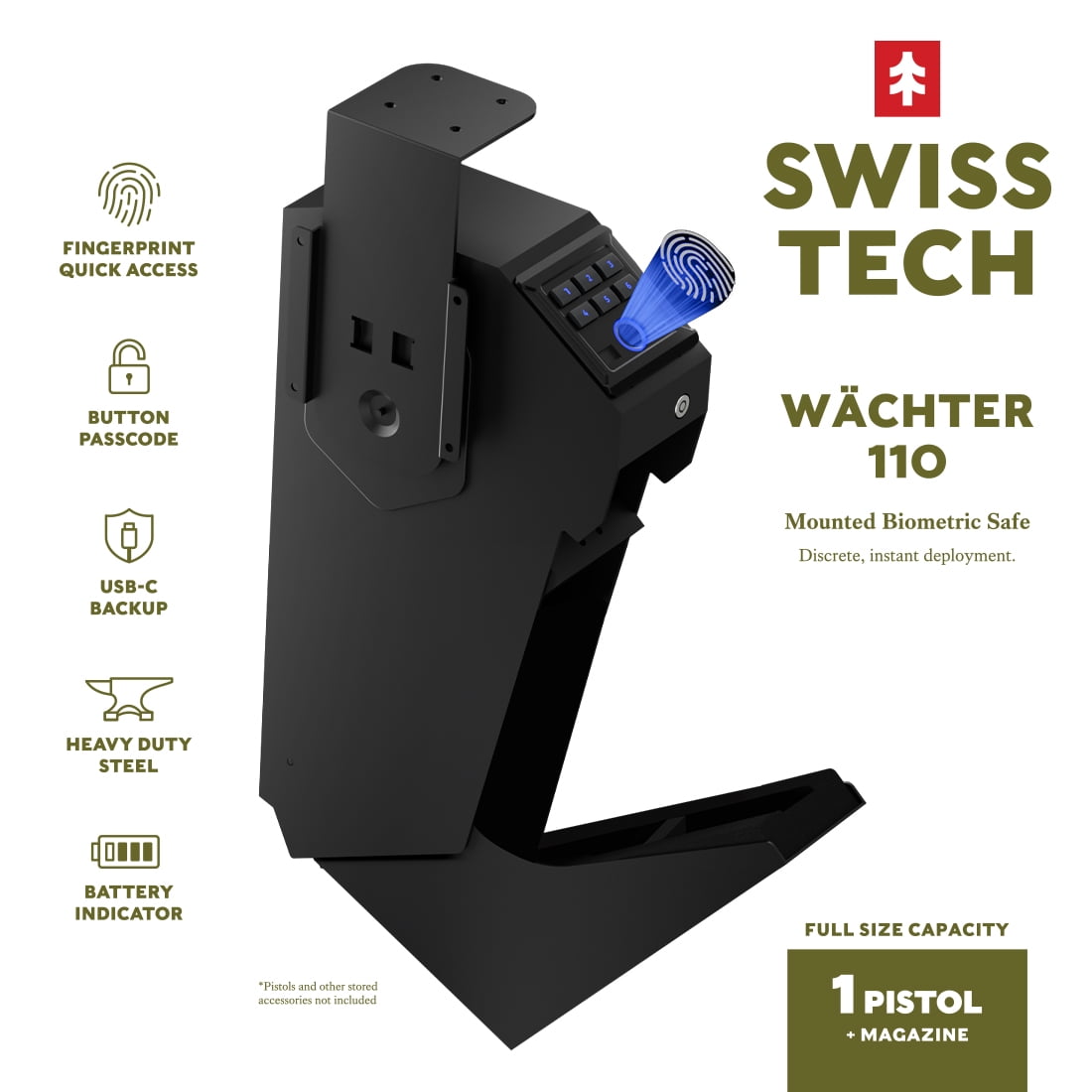 Swiss Tech Wächter 110 Mounted Biometric Gun Safe for 1 Pistol & Magazine, Fingerprint Handgun Safe with USB-C Emergency Power, Keypad & Key Backup