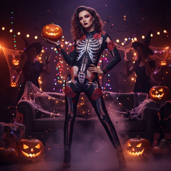HOWPAY Adult Halloween Costumes Floral Skeleton Jumpsuit Cosplay Outfit Spooky Rose Bone One Piece Role Play Suit For Gothic Party Event Halloween Costume 110