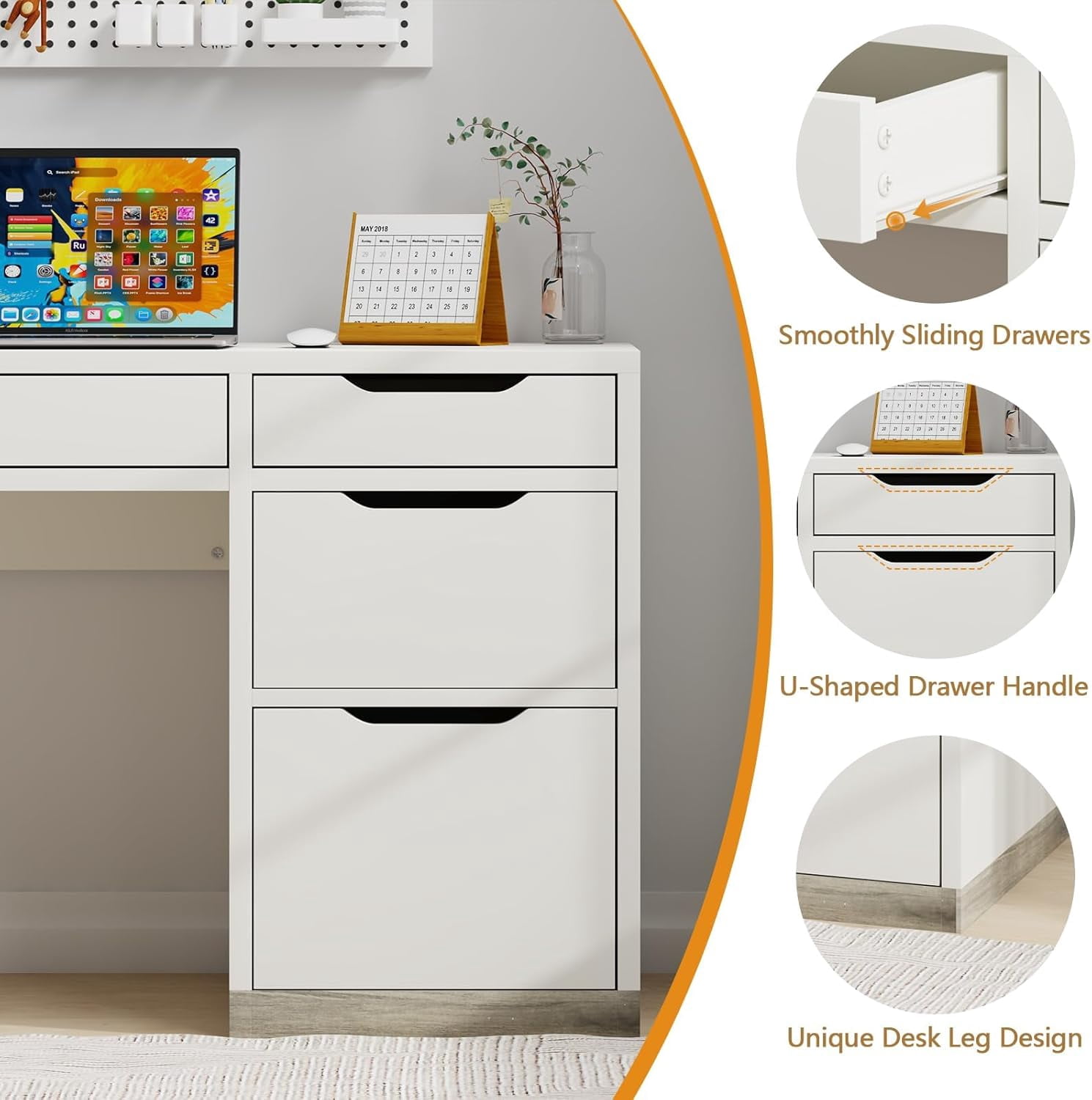 DreamCurship 52 inch White Desk with 4 Storage Drawers, Home Office Desk for Small Spaces, Computer Desk with File Cabinet, White
