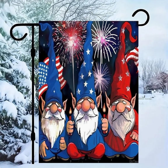 RKSupls Patriotic Linen Double Sided Garden Flag, Independence Day Themed Yard Decor, Gnomes Flag Fireworks Night Outdoor Banner for Holiday Lawn