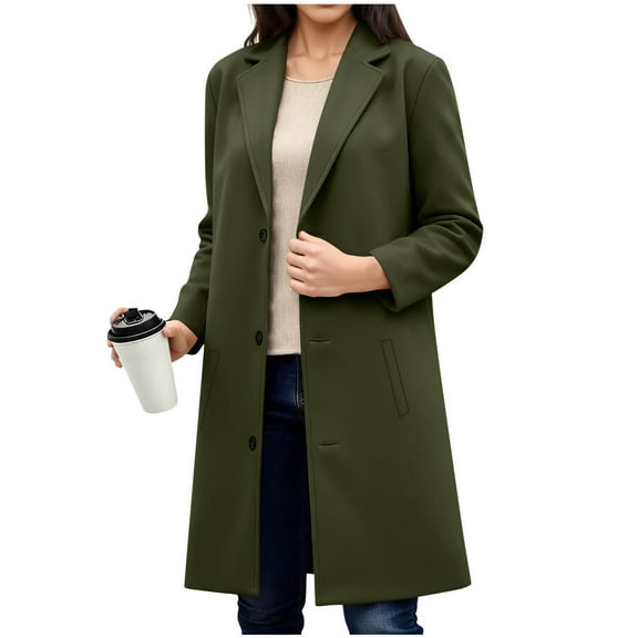 Fnooota Women Mid-length Peacoats, Lapel Collar Casual Winter Single Breasted Wool Blend Coats for Women Army Green Size S-2XL