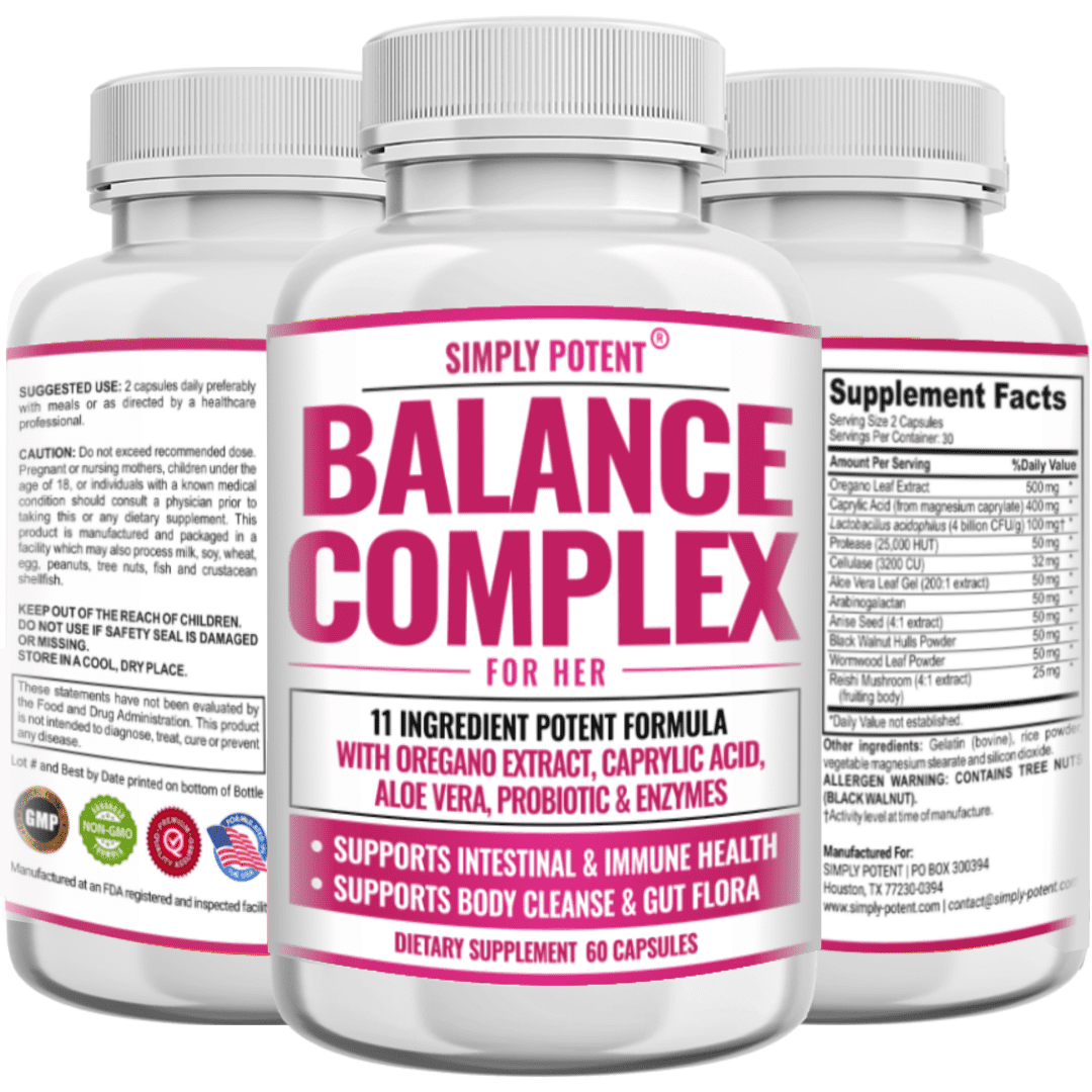 Simply Potent Feminine Balance Complex - Candida Cleanse & Vaginal Health Probiotic, 11-Ingredient Formula with Oregano, Caprylic Acid, Aloe & Reishi, Yeast, BV & pH Balance Support, 60 Capsules