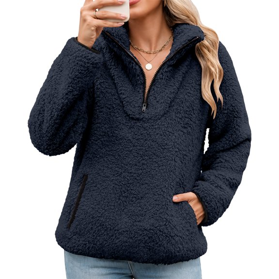 Women's Fuzzy Sherpa Fleece Sweatshirts Half Zip Solid Color Long Sleeve Tops Zipper Pockets Warm Winter Outdoor Jackets