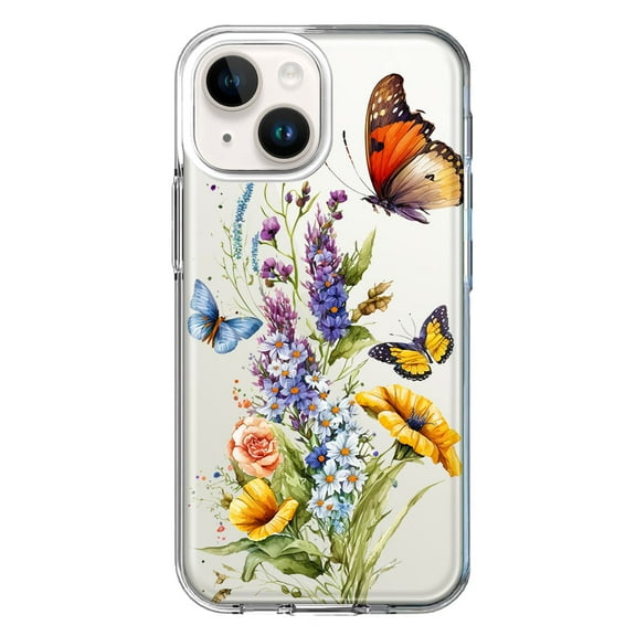 MUNDAZE Case for Apple iPhone 15 Hybrid Shockproof Slim Hard Soft TPU Shell Heavy Duty Protective Phone Cover - Yellow Purple Spring Flowers Butterflies Floral