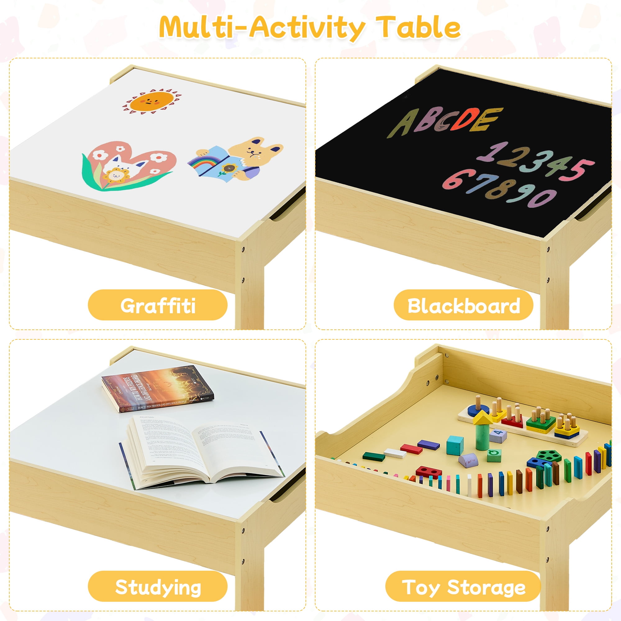 Kids Table and 2 Chair Set, 4 in 1 Wooden Toddler Table and Chair Set with Storage Drawer, Detachable Tabletop for Children Drawing/Reading/Art Craft, Home, Nursery, Playroom (Natural)