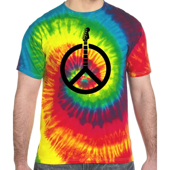 Guitar Peace Sign Tie Dye Tee Shirt - Reactive Rainbow, XL