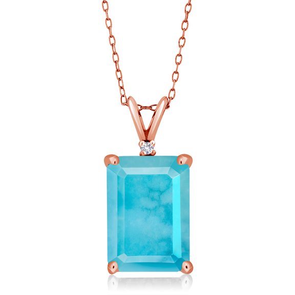 Gem Stone King 18K Rose Gold Plated Silver Green Turquoise and White Created Sapphire Pendant Necklace for Women (5.02 Cttw, Gemstone Birthstone, Emerald Cut 14X10MM, with 18 inch Silver Chain)