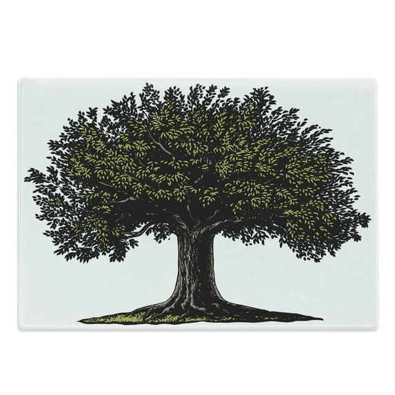 Tree of Life Cutting Board, Digital Design of Mature Fruit Tree in Retro Engraving Style King of Forest, Decorative Tempered Glass Cutting and Serving Board, Large Size, Brown Green, by Ambesonne
