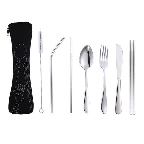 EeaseMX Juego de 7 piezas de vajilla portátil de acero inoxidable para exteriores, con cuchara, tenedor y palillos, con bolsa de tela (negro)