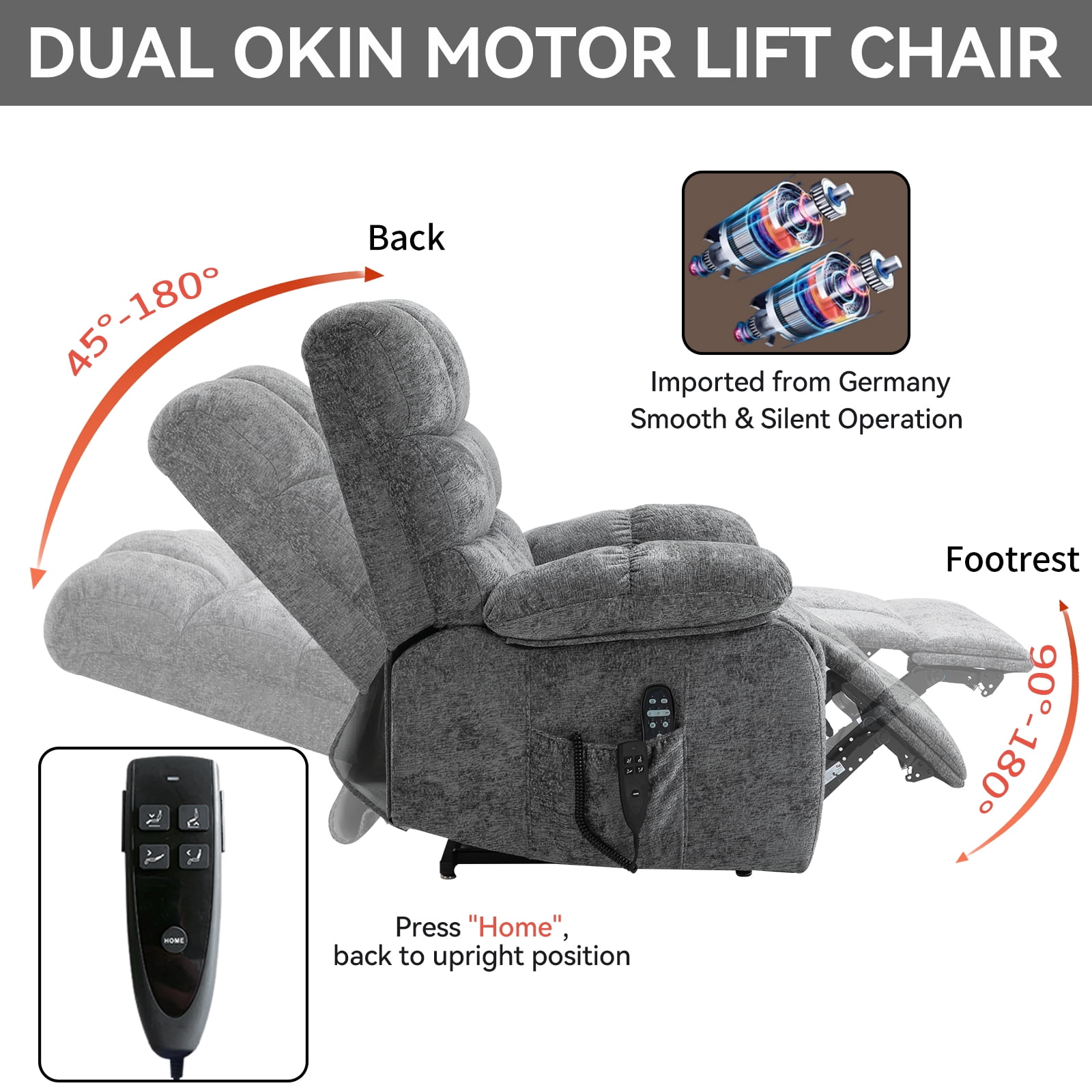 Power Lift Recliner Chair, Heat Massage Dual Motor Infinite Position 350 LBS Heavy Duty, Electric Remote Recliner for Elderly, Medium-Firm Chenille, Grey