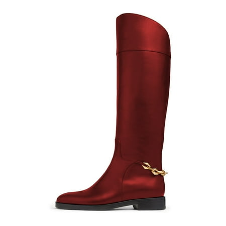 FSJ Women Classic Knee High Riding Flats Booties Round Closed Toe Back Gold Tone Chain Wide Calf Stacked Low Heel Pull On Shoes Size 8 Red