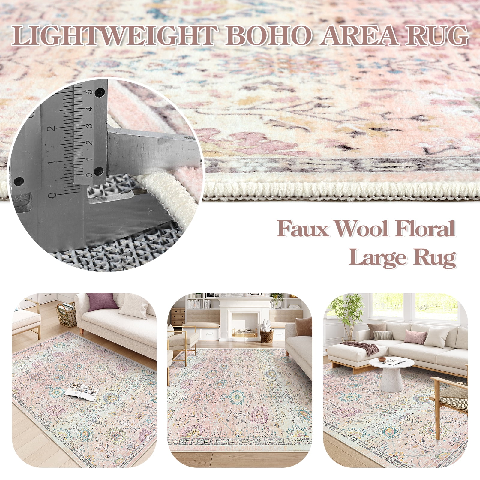 Wonnitar 8'x10' Pink Boho Area Rug, 8x10ft Rugs for Bedroom Girls Large Living Room Area Rugs Soft Floral Playroom Rug, Washable Rugs Non Slip Pastel Rug for Bedroom Living Room Carpet