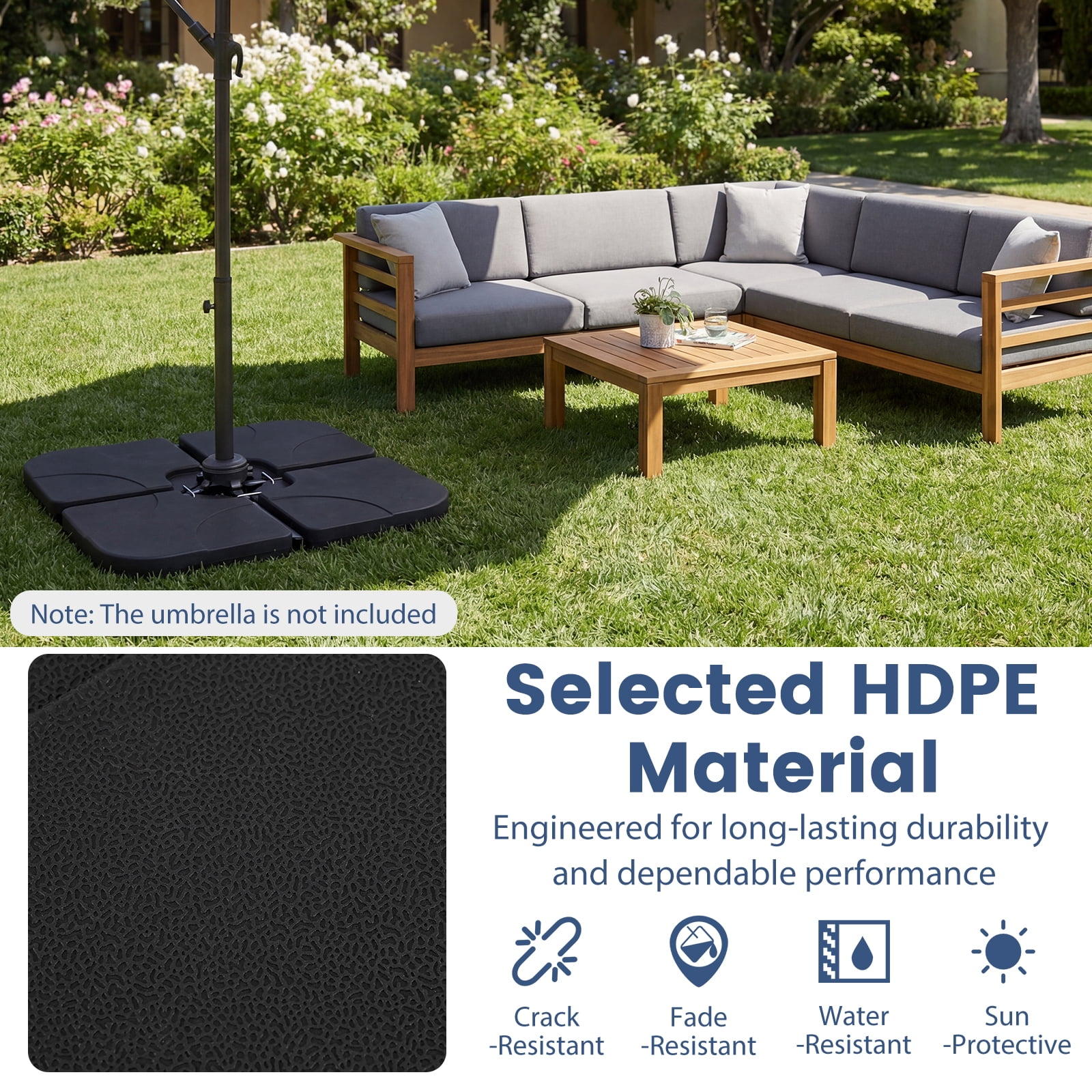 Patiojoy 4-Piece Heavy Duty Cantilever Umbrella Base 164 LBS/72 KG Square Patio Umbrella Stand with Easy-to-Fill Spouts