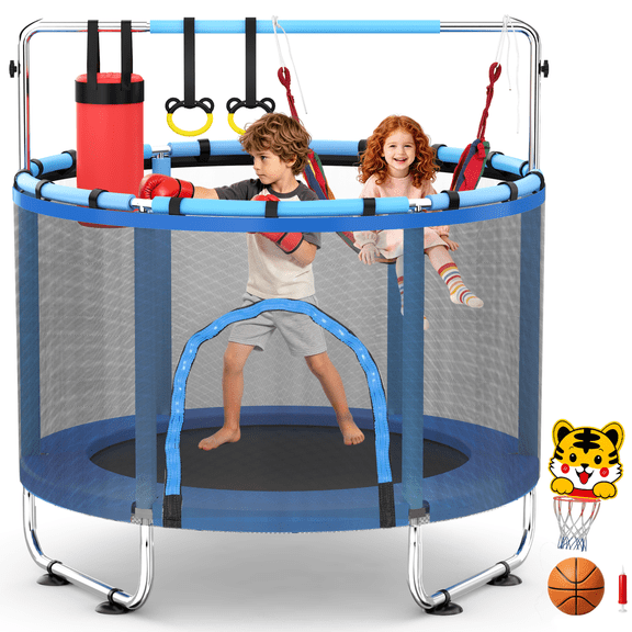 FEMCHIC 55" Kids Trampoline w/ Net, Trampoline for Kids Age 3-10, Indoor Outdoor Adjustable Small Trampoline for Toddler w/ Swing and Basketball Hoop 400LBS, Blue