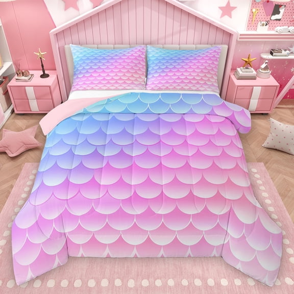 Homewish Cartoon Mermaid Pattern Bedding Comforter Set,Ocean Animal Twin Comforter Sets,Pink Purple Ombre Bedding Set For Girls Kids,Luxury Bedroom Decor Reversible,2pcs