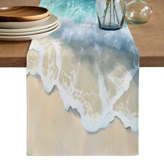 Aqua Blue Beach Table Runner, Coastal Seawaves Sand Shore Scenery Washable Cotton Linen Table Runners 36 Inches Long, Dresser Scarf Runner for Nightstand/End Tables/Round Tables 13''x36''