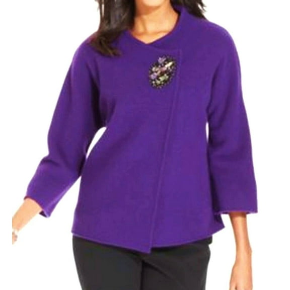 JM Collection Purple 100% Wool Brooch Embellished Knit Cardigan Women's Medium