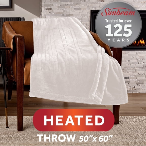 Sunbeam Heated Throw Blanket Faux Fur White 3 Heat Settings 3-Hour Auto Shut Off 50"x60"