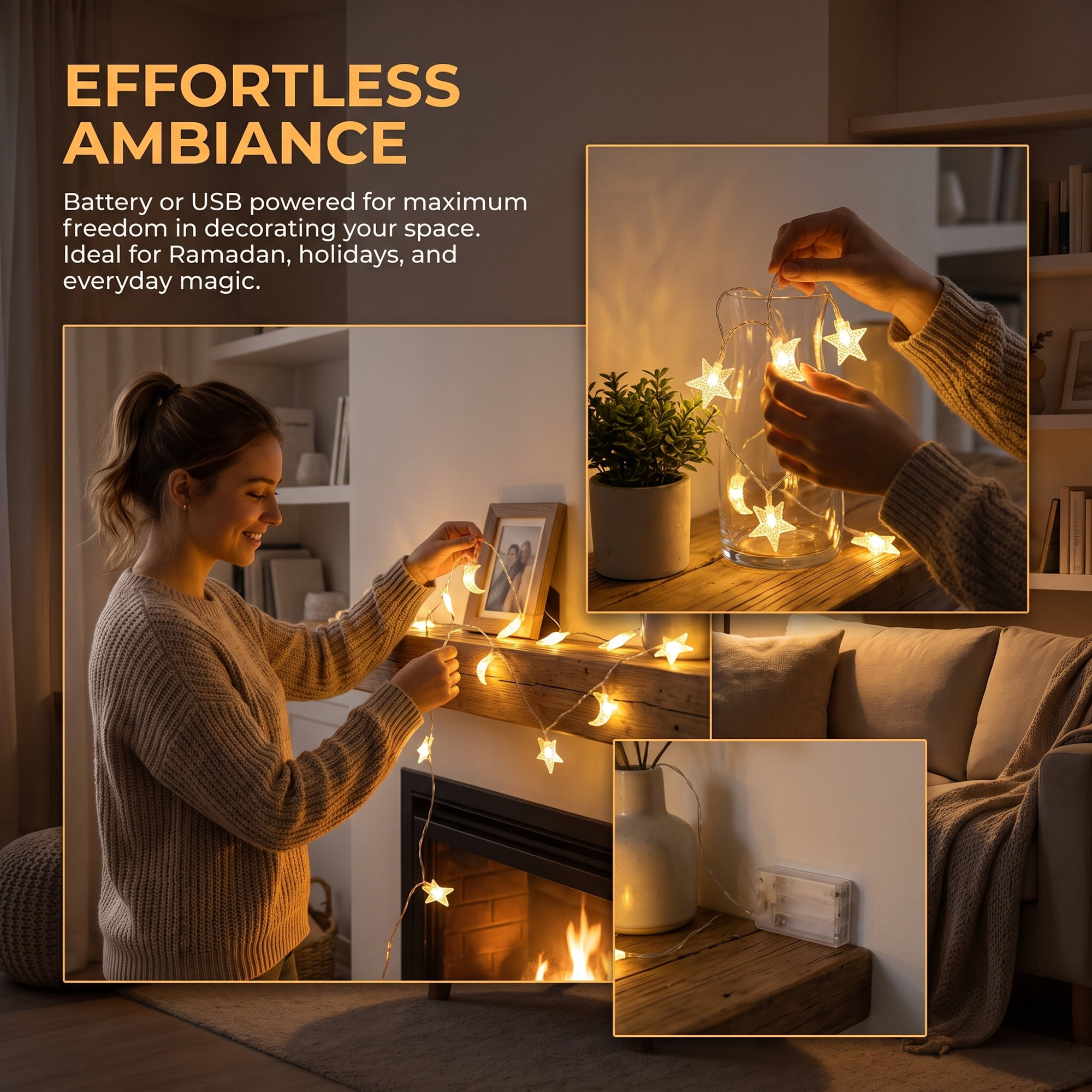 Unique Bargains Star and Moon Fairy Lights with Flexible Wire 6.6 ft Battery Operated