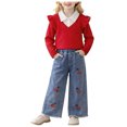 thumbnail image 3 of Curenmufel Little Girl 2 Piece Clothing Set Long Sleeve Top with Denim Pants for Fall School and Outdoor Wear 4T (Red,4 Years), 3 of 9
