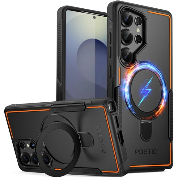 Poetic Neon MagPro Case for Galaxy S25 Ultra 5G, [Magnetic Ring Stand] Dual Layer Rugged Slim Shockproof Protective Cover, Black/Orange