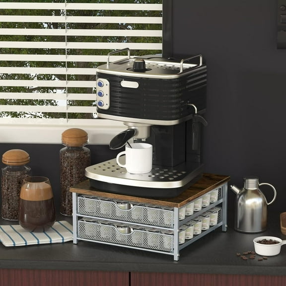 Sturdy Stackable Coffee Pod Drawer Organizer - 2-Tier Storage for 72 K-Cups, Wood & Metal Design with Non-Slip Base