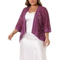 thumbnail image 4 of Cardigan de encaje de ganchillo para mujeres de tallas grandes Agnes Orinda para el Día de San Valentín, casual, de manga 3/4, ligero y transparente, cubre verano 1X púrpura, 4 of 6