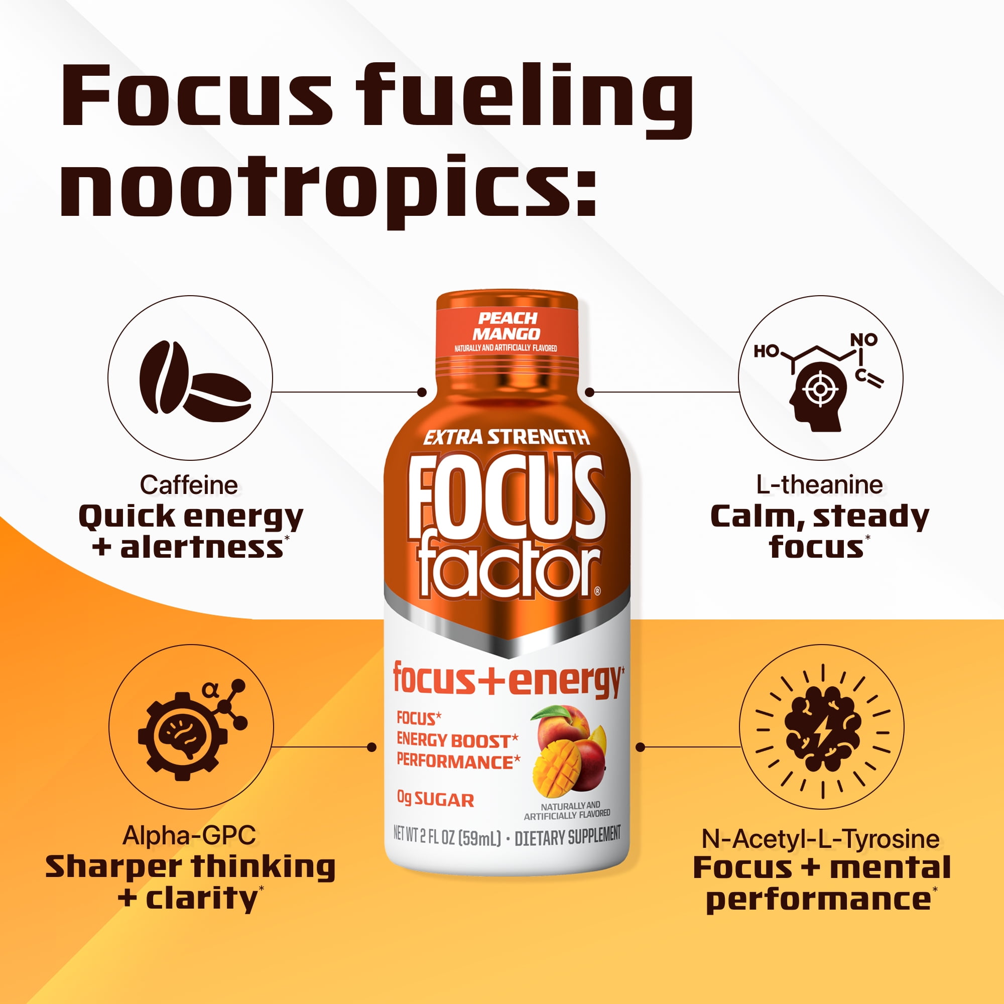 Focus Factor Extra Strength Focus + Energy Shots - 12 x 2oz Bottles (Peach Mango Flavor) - L-Theanine, Ginkgo, Bacopa, L-Tyrosine, Alpha GPC