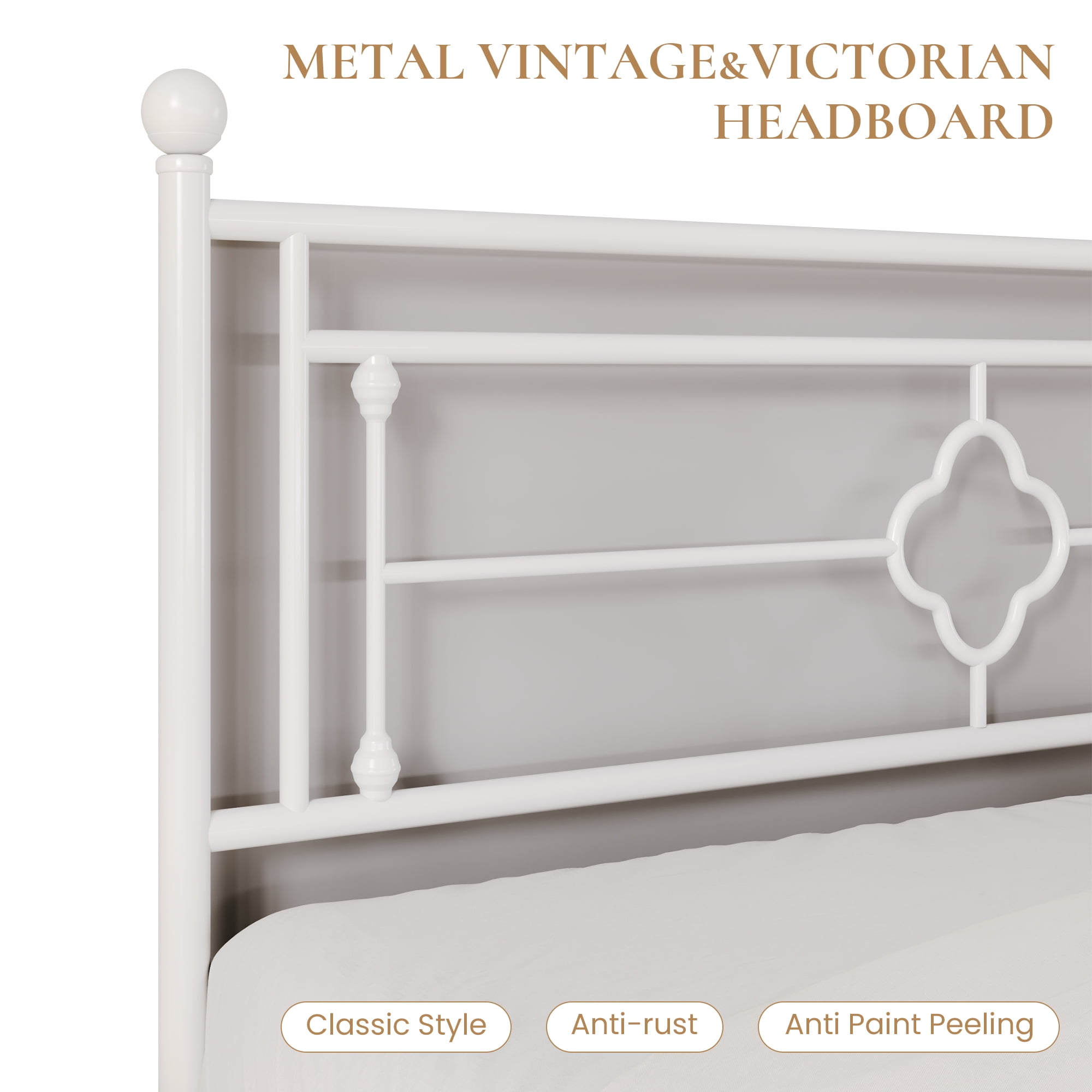 Sha Cerlin White King Size Metal Platform Bed Frame with Victorian Vintage Headboard & Underbed Storage, Adult