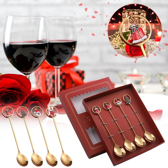 TIMIFIS Steel Tableware 4Pcs Stainless Steel Christmas Spoon Gift Set Dessert Spoon Fork Coffee Spoon Christmas Pendant Spoon Tableware Set Kitchen Gadgets