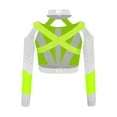 thumbnail image 3 of MSemis Girls Acrobatics Dance Tops Long Sleeve Rhinestone Shiny Color Block Cross Back Cutout for Gymnastics Sport Wear Fluorescent Yellow 8, 3 of 7