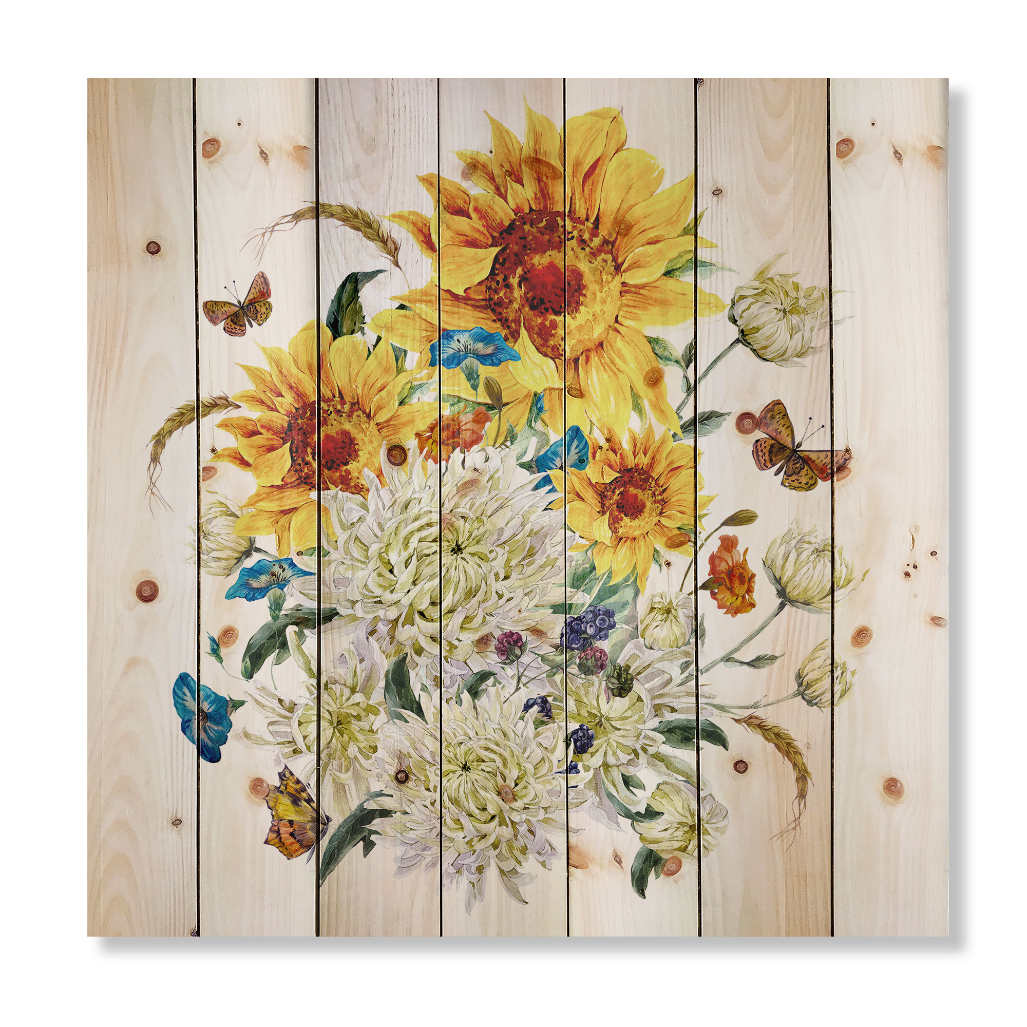 Designart 'Ancient Chrysanthemums and Sunflowers' Traditional Print on Natural Pine Wood
