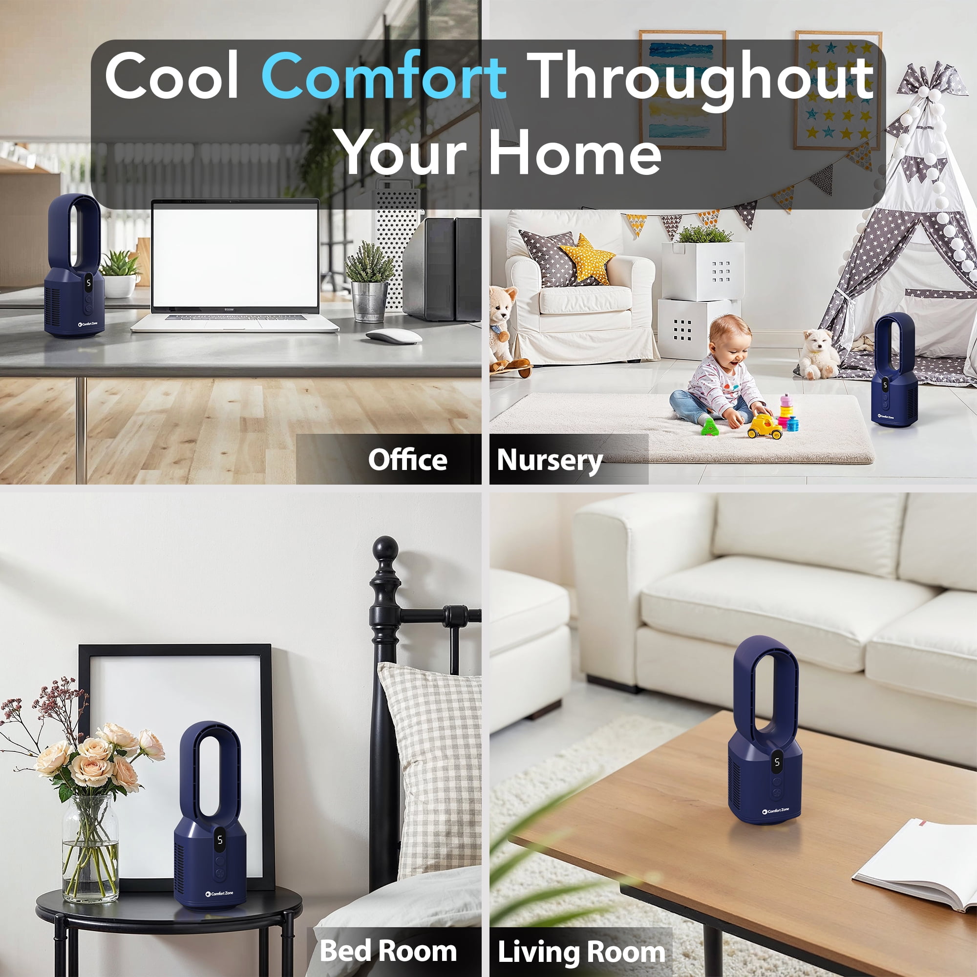 Comfort Zone 14" Rechargeable Bladeless Tabletop Fan, Navy