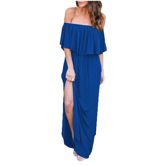 Honeeladyy Women Fashion Solid Ruffle Strapless Pocket Casual Loose Dress Long Skirt summer dresses