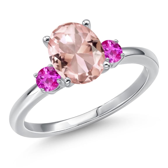 Gem Stone King 14K White Gold Peach Nano Morganite and Pink Sapphire Engagement Ring for Women | 2.27 Cttw | Oval 9X7MM | Gemstone October Birthstone | Size 9