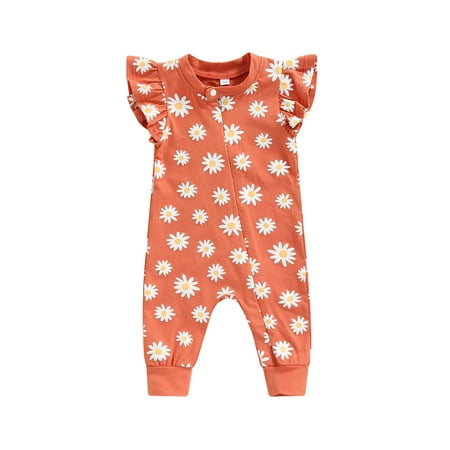 

Sunisery Infant Baby Girls Jumpsuit Fly Sleeve Crew Neck Flower Print Summer Long Pants Casual Bodysuit Orange 12-18 Months
