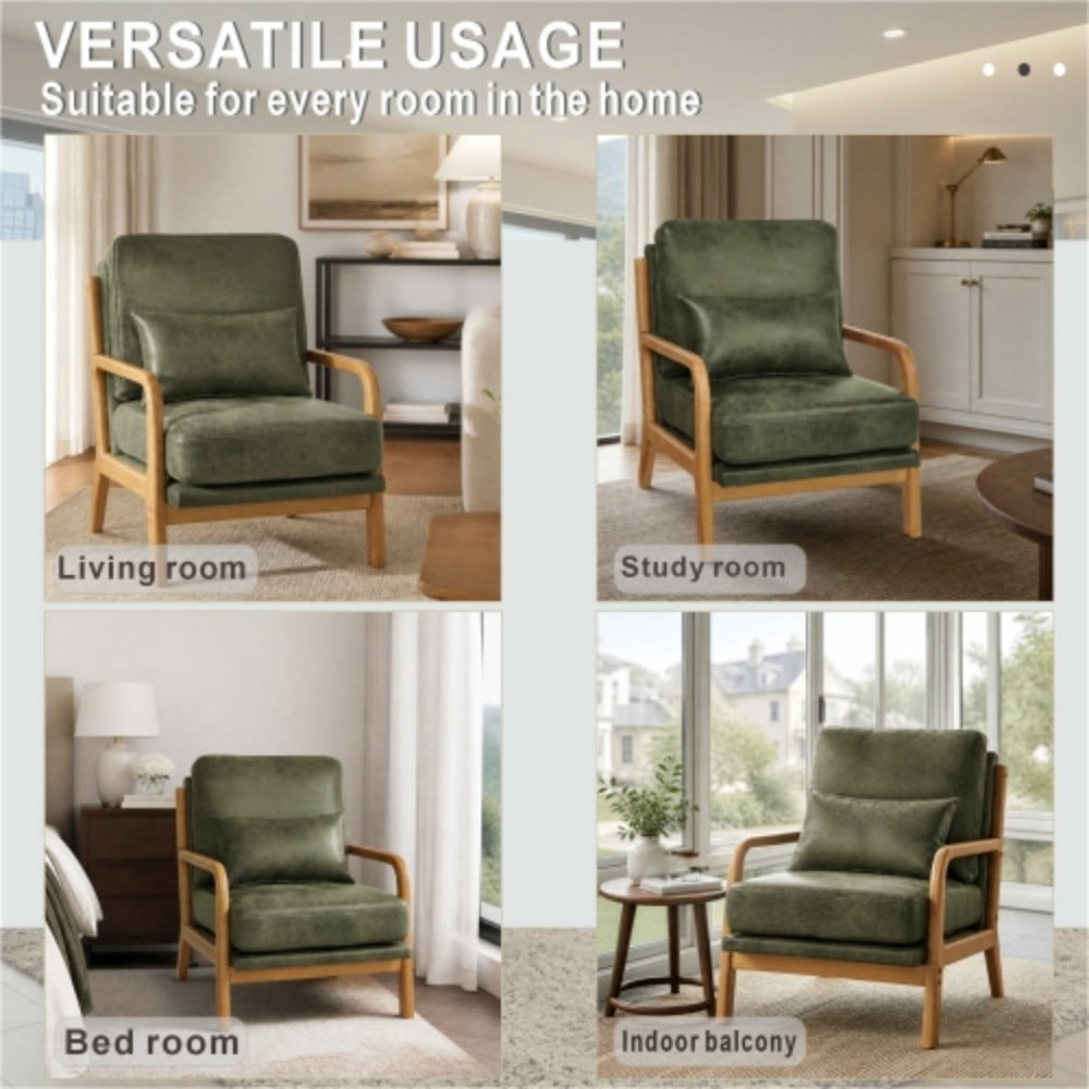 Wooden Lounge Chair, Modern Upholstered Accent Chair with Solid Wood Armrests, High-Density Foam Cushion, Reclined Backrest for Living Room, Bedroom & Office, Olive Green