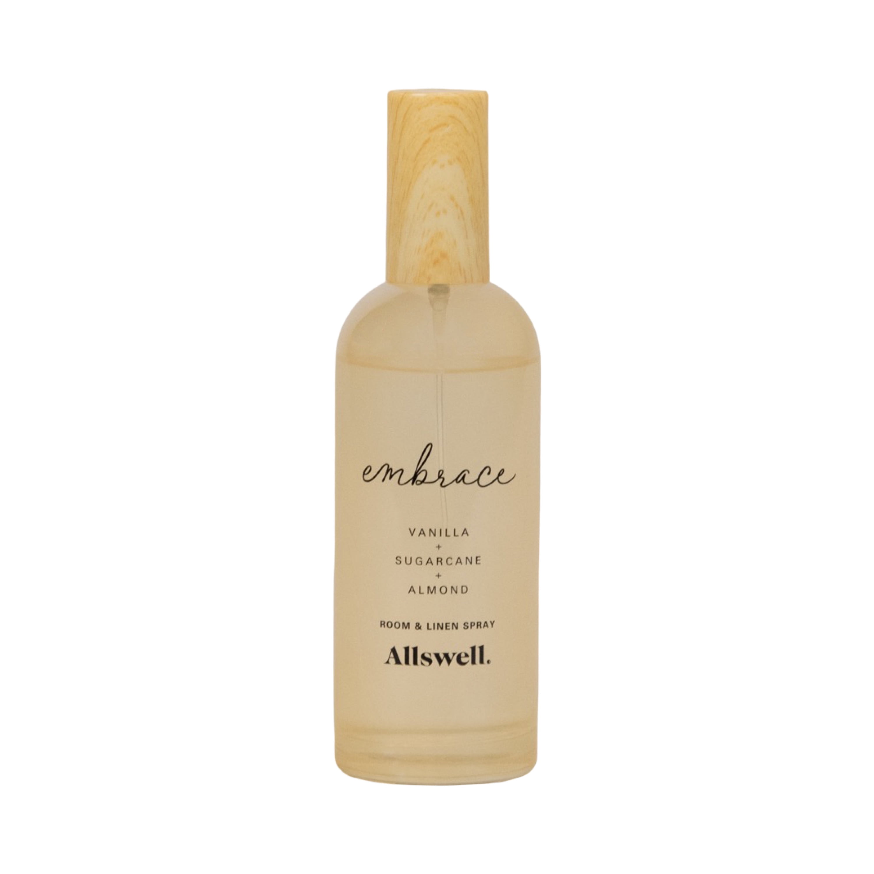 Allswell Embrace (Vanilla + Sugarcane + Almond) Scented Room & Linen Spray 3.4 fl oz (100mL).